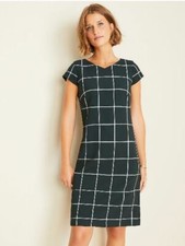 New Ann Taylor Pine Green V-neck Short Sleeve Windowpane Shift Dress 8 Tall