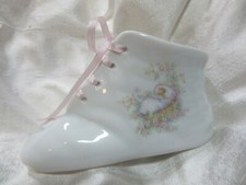 Handmade Porcelain Baby Shoe with decorative ribbon Pink Floral Decal