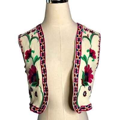 Goldie Lew Boho Vest Womens Small Colorful Floral Embroidered Bolero