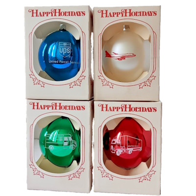4 VTG UPS Red Blue Green White Christmas Ornaments United Parcel Service IOB New