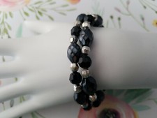 2 Black Silver Tone Plastic Faceted Beaded Fashion Bracelets Set Stretch Kids