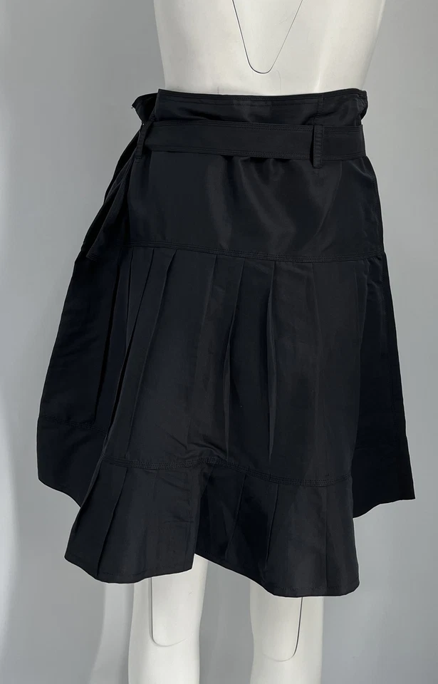 Mini-saia Jil Sander plissada linha A de algodão/seda com cinto azul marinho tamanho 38 - Imagem 3 de 4