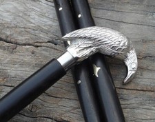 Silver Brass Raven Crow Head Handle Vintage Black Wooden Cane Walking Stick Gift