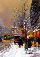 Oil painting paris place de la republique cityscape street scene & building tree