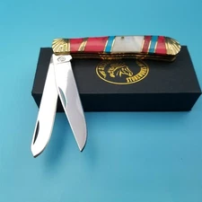 Silverhorse Stoneworks Pocket Knife Folding Blade Trapper Red Blue Turquoise MOP