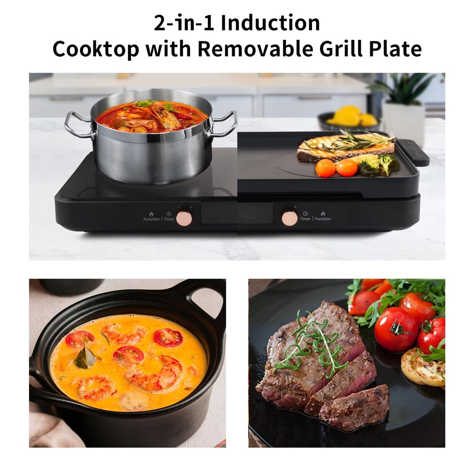 Double Induction Cooktop 2 Burner with Removable Iron Cast Griddle Pan