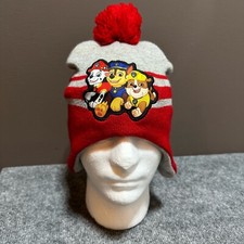 Paw Patrol Beanie Hat Cap Youth Grey Red Striped Acrylic Pom Stretch Nickelodeon