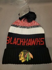 NHL CHICAGO BLACKHAWKS KNIT CUFF POM BEANIE MENS FANATICS HAT BLACK RED AUCTION