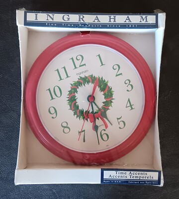 Vintage 1980s Ingraham Red Plastic Wall Clock Round Holly Wreath 8.5'' USA NIB 