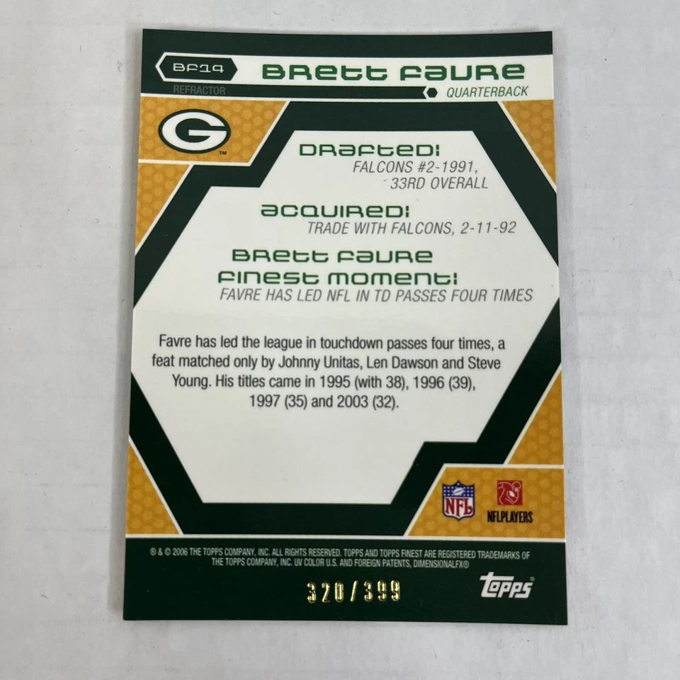 2006 Topps Finest  Refractor /399 Brett Favre #BF14 HOF - Image 2 of 4