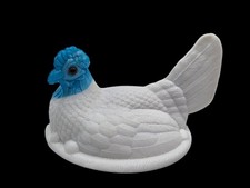 Antique Atterbury Milk Glass Blue Head Hen On A Nest Lid Top Only Candy Dish 