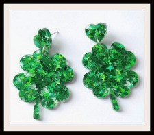 Green Clover Glitter Resin Post Earrings St Pattys Day Lightweight