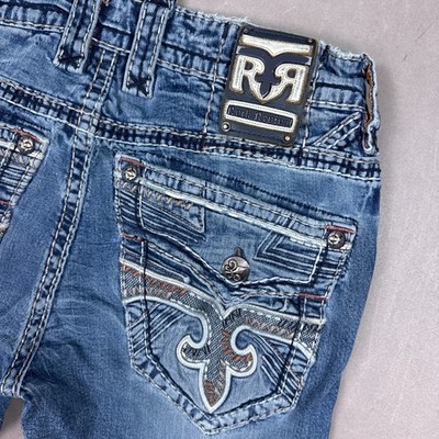 Rock Revival Jeans Mens 34x29 Blue Hern Thrashed Embroidery Pant See Description