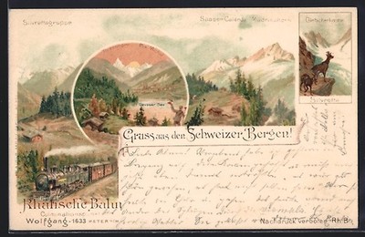 Lithographie Davos, Hotel Pension Strela, Rhätische Bahn, Gletscherkamm Silvret 