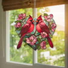 Cardinal Couple ACRYLIC Suncatcher, Love Birds Window Hanging, Red