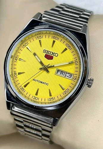 Vintage Refurbished Seiko 5 Yellow Automatic Day/Date Japan Men's Wrist Watch