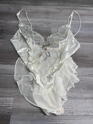 Vintage Mara Intimates Teddy Beaded Sequin White Satin Angel Coquette Size S #U