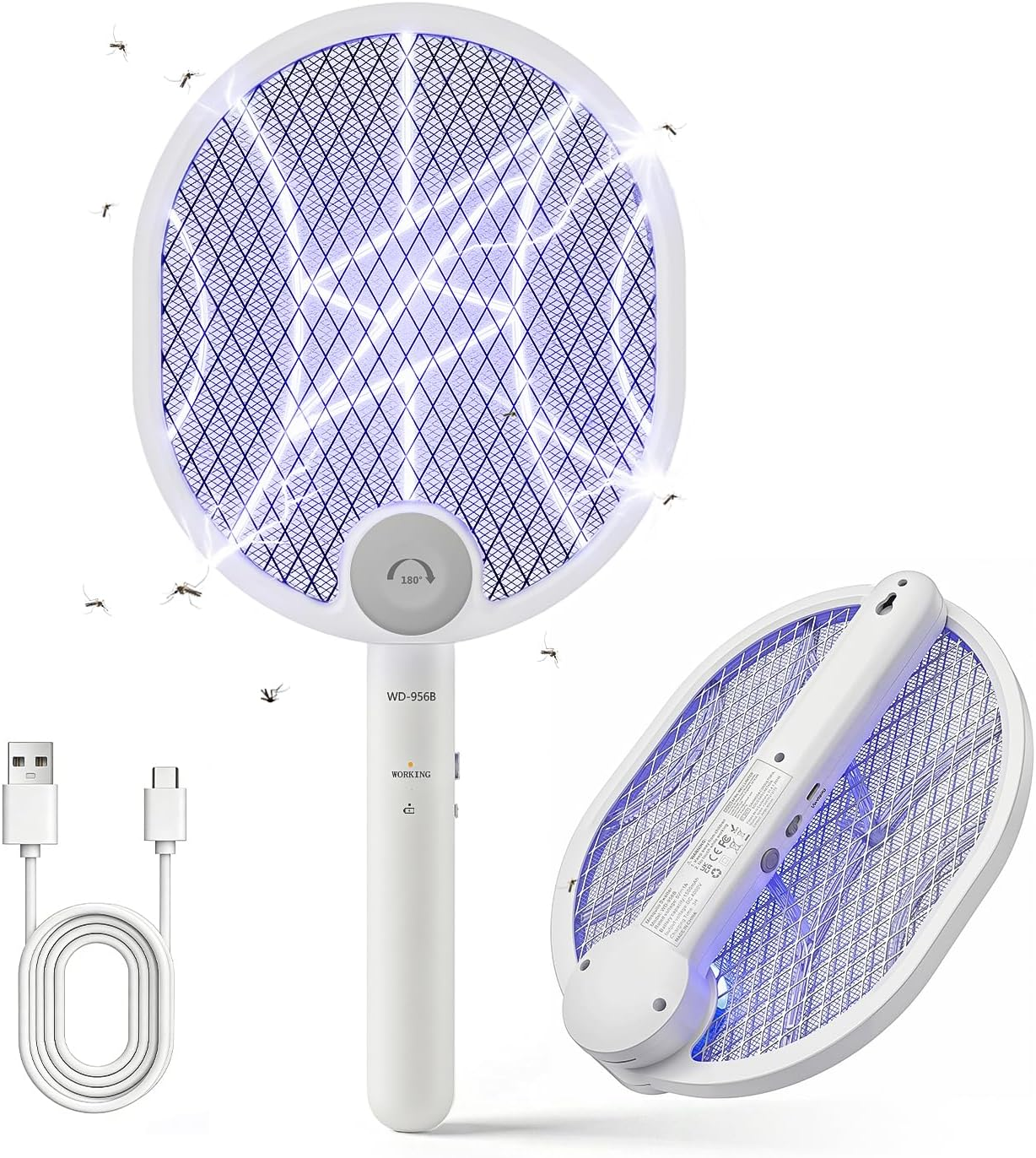 Electric Fly Swatter Foldable Fly Zapper 180-Degree Rotatable Head 4000V Mosquit