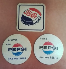 3 sous-verres Pepsi Cola bouton Europe et Espagne années 50-60 bouteille rare