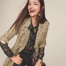 CABI Pastime Tan Beige Multicolor Plaid 2 Button Blazer Jacket Size 10
