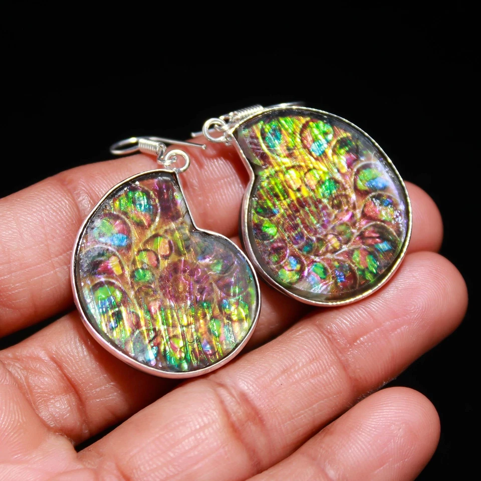 Amolita en piedras preciosas de amonita 925 pendientes de plata de ley joyería regalo para ella Foto 2 de 4