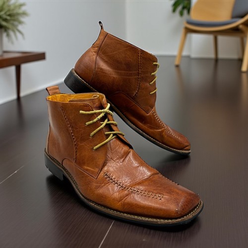 ZOTA Square Toe Brogue Ankle Boots Brown Leather Mens Size 10 Club Dress Boot - Picture 2 of 14