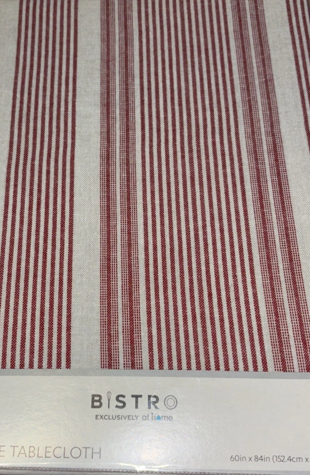 At HOME Bistro Exclusive Cloth Striped Tablecloth White Red Stripes -  60" x 84" - Image 2 of 4