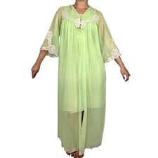Vintage 1960s Gilead Mint Lime Sheer Nylon Robe Nightgown Set Bell Sleeve