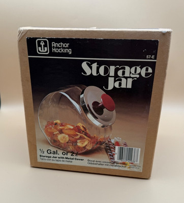   Vintage Anchor Hocking Storage Jar 1/2 Gallon 2L Glass w/ Metal Lid NEW