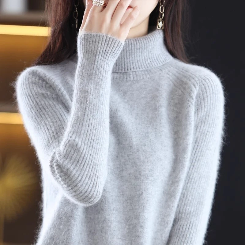 Women s Cashmere Sweater High Neck Knitted Pullover Korean Fashion