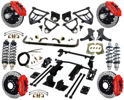 RIDETECH COILOVER,4-LINK,ARMS, & WILWOOD DISC BRAKES,13'' DRILLED,RED,73-87 TRUCK