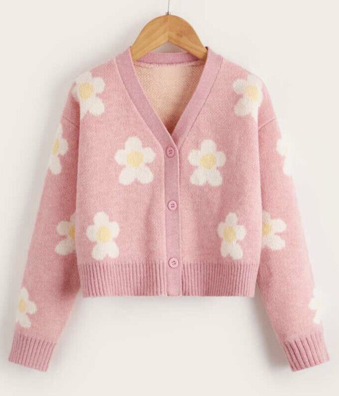 SHEIN Girls Pink Daisy Floral Pattern Cardigan Sweater Button Front Size  11-12