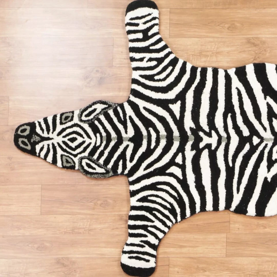 Alfombras cebra 4x6 pies hechas a mano 100 % lana acolchadas a mano para decoración del hogar Foto 4 de 4