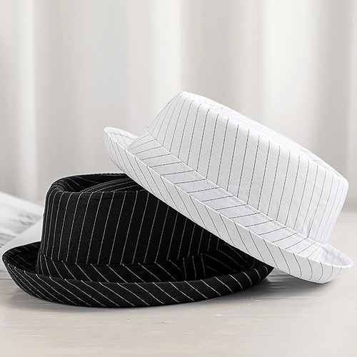 Men's Classic Stripe Pork Pie Fedora Hat Flat Top Bowler Panama Trilby Jazz Cap - Picture 3 of 13