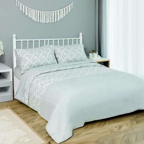 Comforter Set, 7 Pieces Bed in a Bag, Botanical Soft Queen Grey Leaves