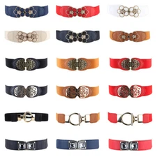 Women Fashion Skinny Floral Crystal Buckle Belt Faux Leather Elastic Dress Band