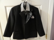 Boys Black 6 pc Tuxedo Suit Jacket w/Vest/Tie, grey shirt, pant  handkerc/ Sz8