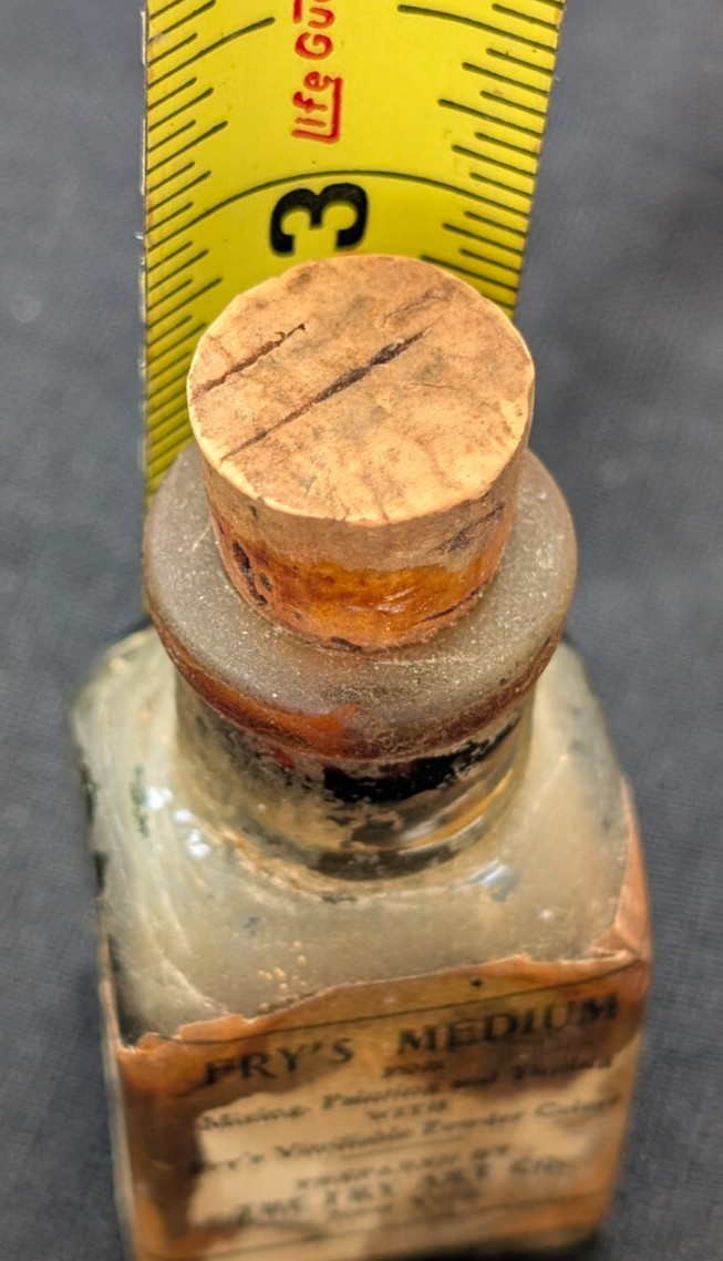 ANTIQUE VTG FRY'S ART CO. MEDIUM FOR MIXING EMBOSSED GLASS BOTTLE CORK 3/4 FULL