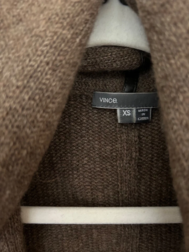 CÁRDIGAN MUJER VINCE CUERO RIBETE CAPUCHA LUJO SUÉTER TALLA XS marrón jaspeado Foto 3 de 4