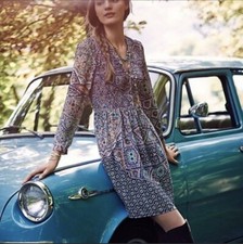Anthropologie Maeve Women Medium Multicolored V neck Long Sleeve Fit Flare Dress