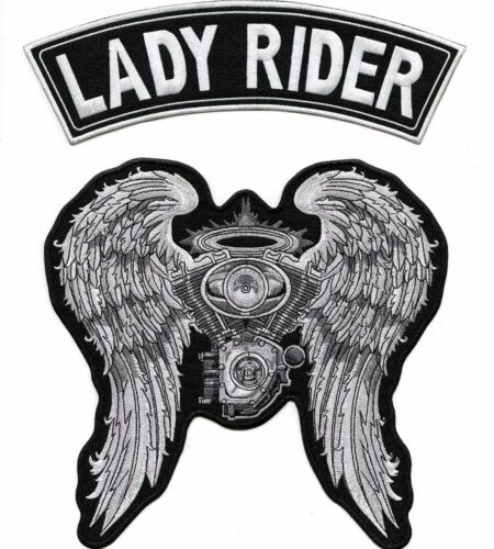 Lady Rider Rocker + Angel Wings | Large Halo Embroidered Patch Women 2pc Set - Picture 1 of 5