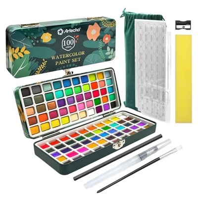 Watercolor Paint Set 100 Colors in Portable Box, Travel Watercolor Set with W...