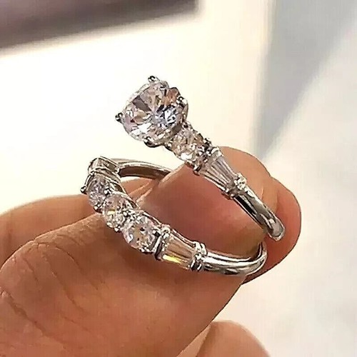 2 Ct Round Cut Simulated Diamond Women's Bridal Ring Set 14k White Gold Plated - Picture 3 of 5