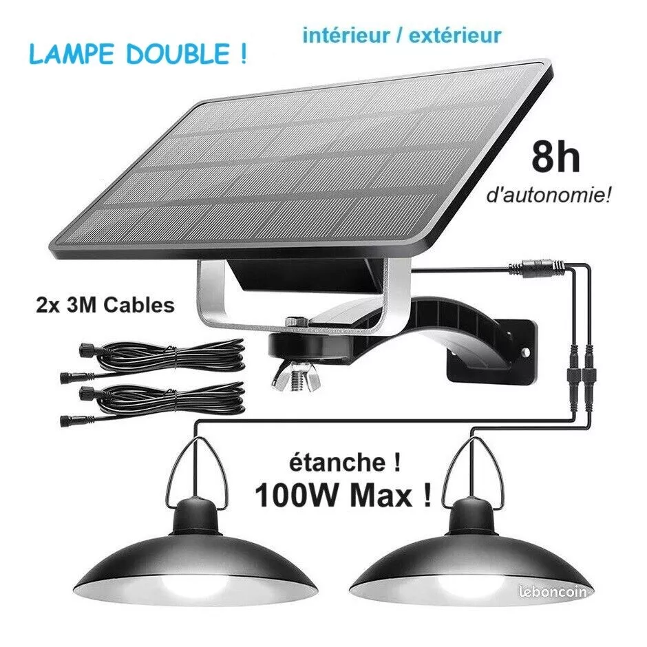 Lustre Lampe Solaire LED 100w IP66 Luminaire double suspendu intérieur  extérieur