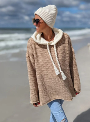 Damensweater mit Kapuze in Schwarz und Beige - Eleganter Strickpullover Acryl