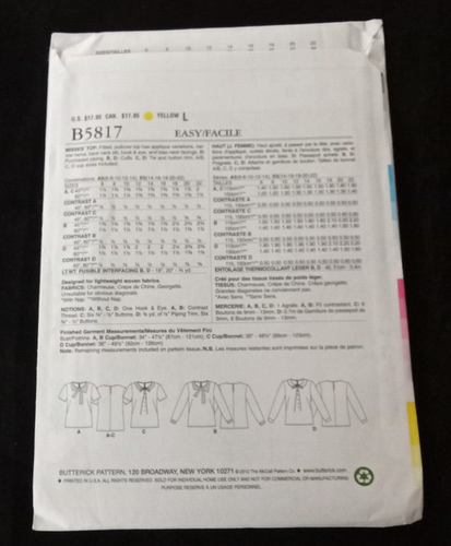 BUTTERICK UNCUT Pattern B5817 Misses Size 6-14 Lightweight Pullover Top Tunic FF - Picture 7 of 9
