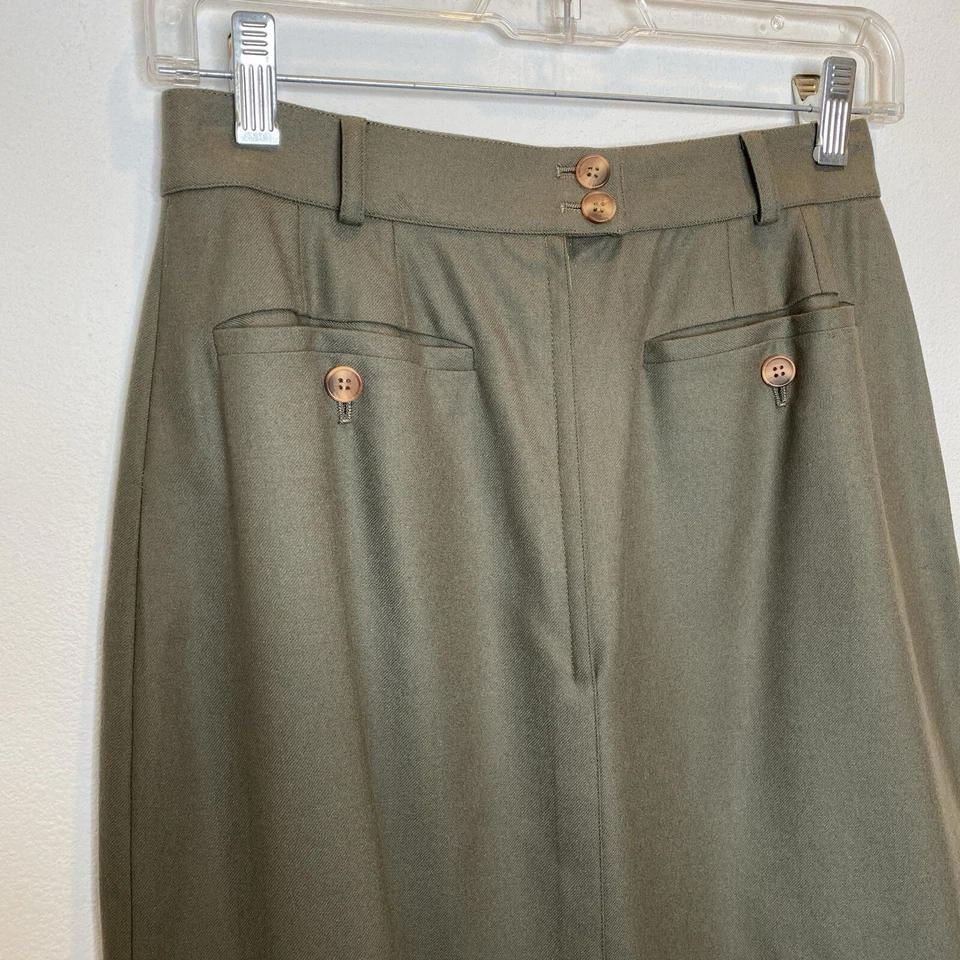 JIL SANDER + 100% Lana Falda 38 Verde Oliva Midi Safari Espalda Dividida Lápiz Oficina Foto 3 de 4