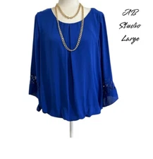 AB STUDIO Women’s Scoop Neck Blouse Bell Sleeves Wovens Cobalt Blue Large NWT