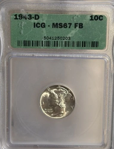 1943 D Mercury Silver Dime - ICG Graded MS67, Full Bands