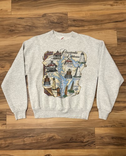 Vtg 80s Sweat Shirt Jerzees Chesapeake Lighthouses M Souvenir Tourist MD VA DE